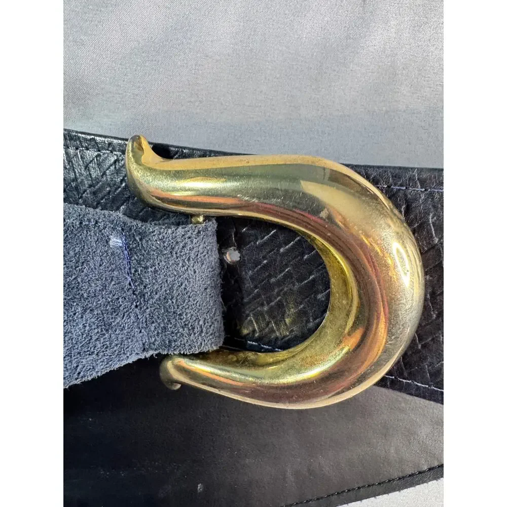 Vintage Sharon Burch Dallas Black Leather Suede Wide Belt Gold Buckle 28-34